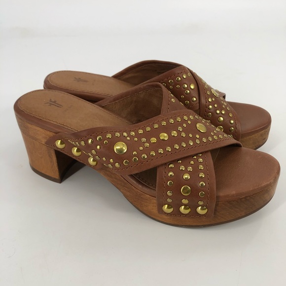 Frye Fiona Tan Gold Studded Mules / Sandals - Picture 2 of 6